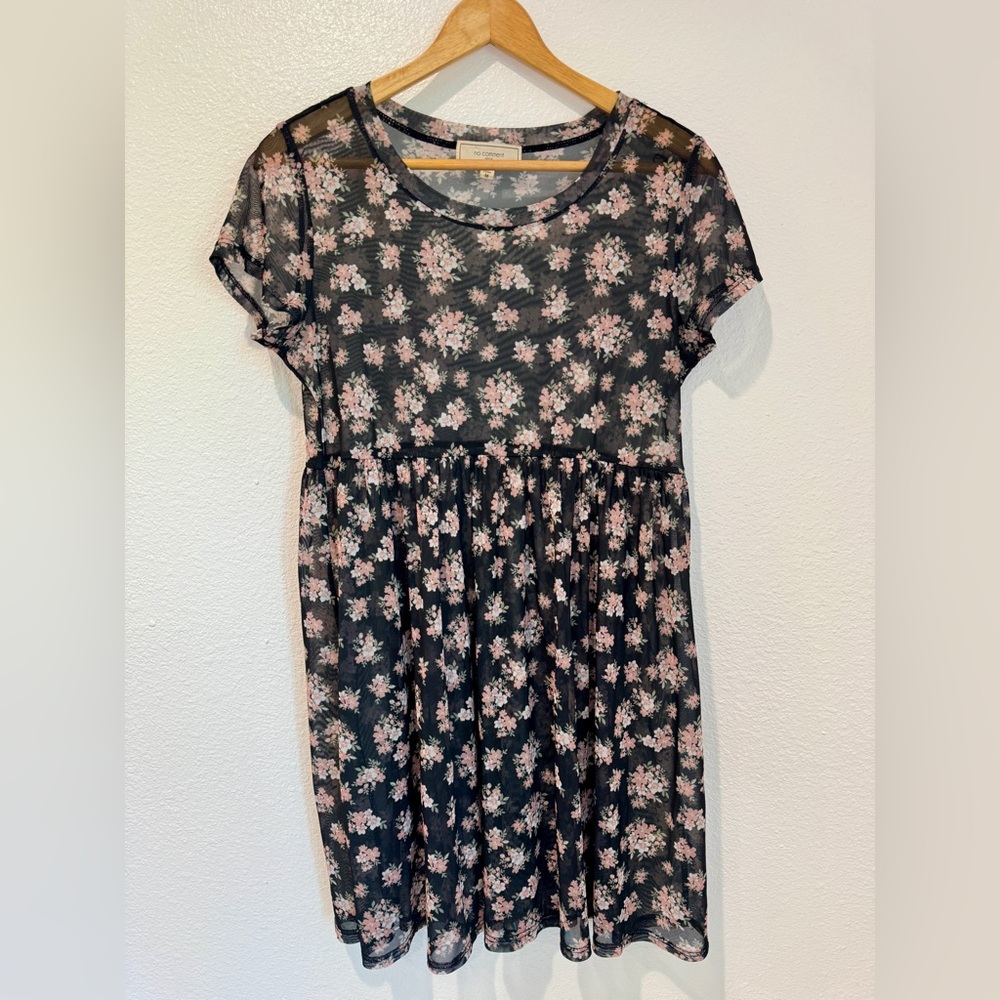Black Pink Floral Mesh Short Sleeve Babydoll Mini Dress 90s Romantic Goth M